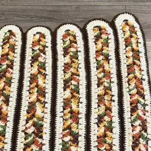 48 x 68 Handmade‎ Crocheted  Brown Orange White Afghan Scalloped Throw Blanket